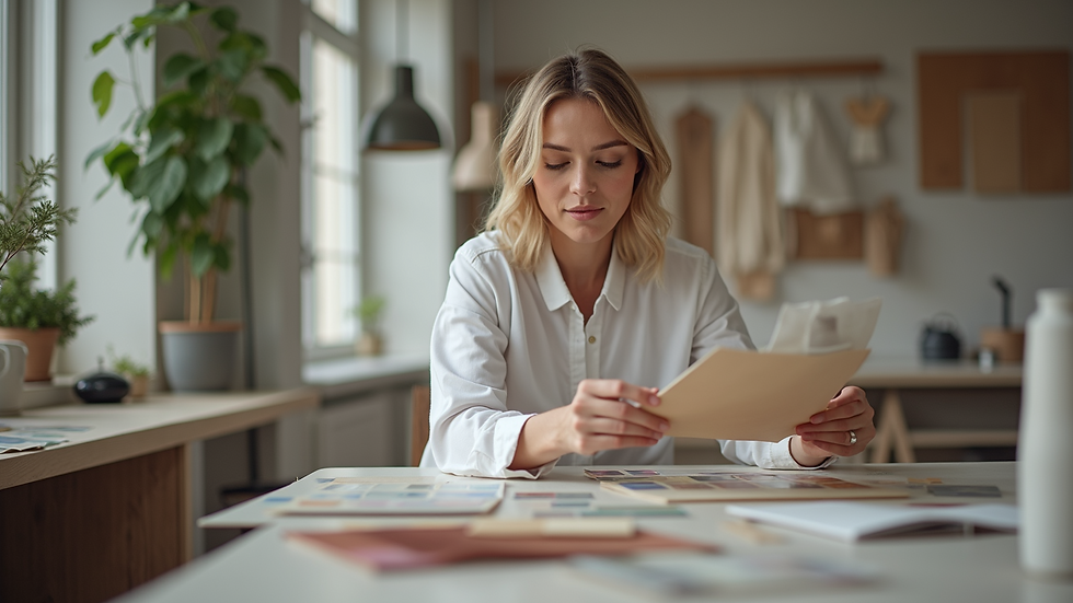 Eye-level view of a designer selecting swatches for a home renovation project