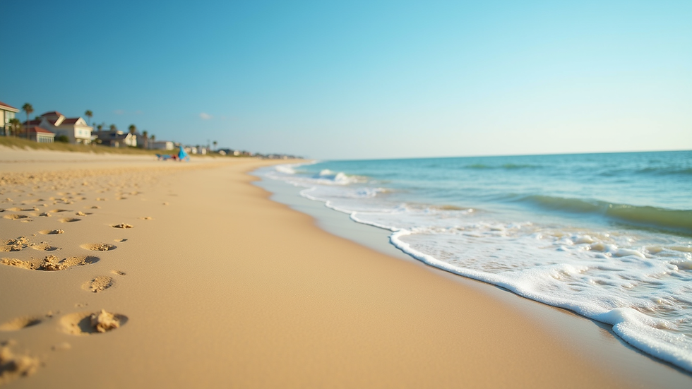 Wide angle view of Myrtle Beach shoreline with golden sand and blue ocean