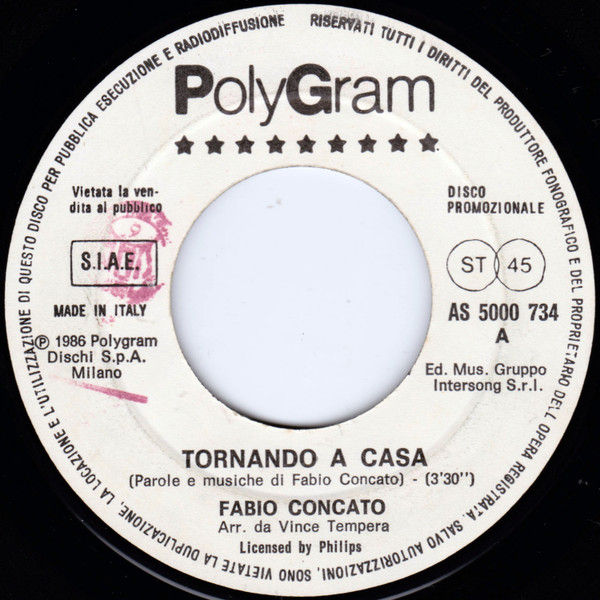 Fabio Concato, E.G. Daily - Tornando A Casa / Love In The Shadows - Vinile 45 giri Jukebox (1986) - copertina