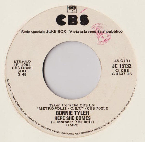 Bonnie Tyler, Adam Ant - Here She Comes / What's Going On - Vinile 45 giri Jukebox (1984) - copertina
