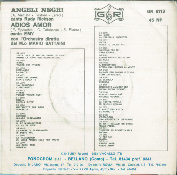 Rudy Rickson, Edy Brando - Angeli Negri / Adios Amor - Vinile 45 giri (1968) - foto 2