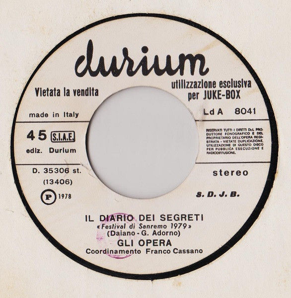 Gli Opera, I Camaleonti - Il Diario Dei Segreti / Quell'Attimo In Più - Vinile 45 giri Jukebox (1979) - copertina