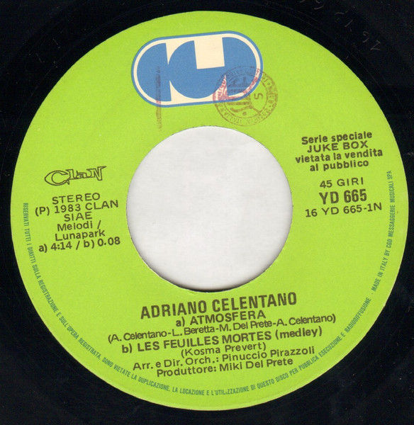 Adriano Celentano - Atmosfera / Prima Pagina - Vinile 45 giri Jukebox (1983) - copertina