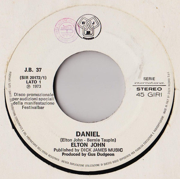 Elton John, Severino Gazzelloni - Daniel / Aria Sulla IVa Corda - Vinile 45 giri Jukebox (1973) - copertina