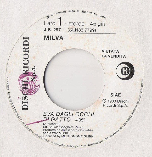 Milva, Secret Service - Eva Dagli Occhi Di Gatto / Jo-Anne, Jo-Anne - Vinile 45 giri Jukebox (1983) - copertina