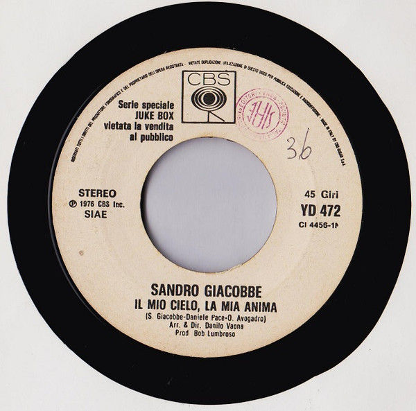 Sandro Giacobbe, Alberto Radius - Il Mio Cielo, La Mia Anima / Che Cosa Sei - Vinile 45 giri Jukebox (1976) - copertina