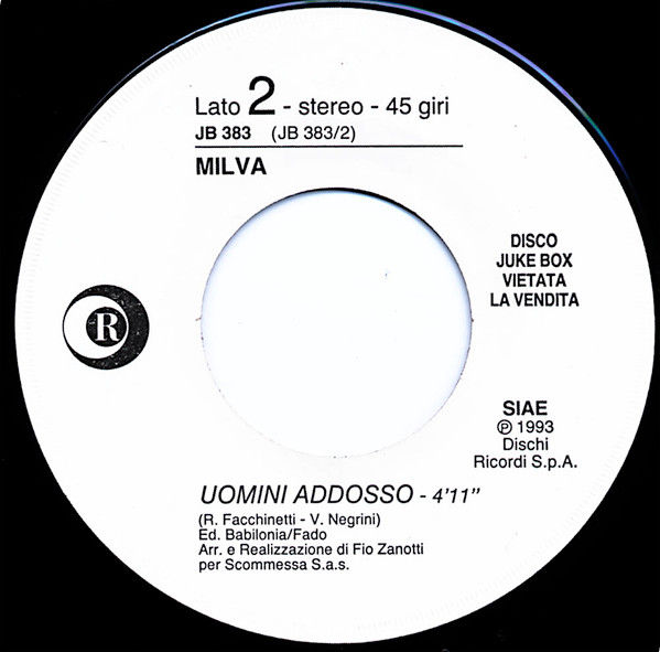 Francesca Alotta, Milva - Un Anno Di Noi / Uomini Addosso - Vinile 45 giri Jukebox (1993) - foto 2