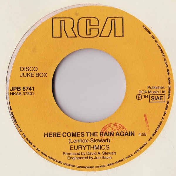 Gianni Morandi, Amii Stewart, Eurythmics - Grazie Perché / Here Comes The Rain Again - Vinile 45 giri Jukebox (1984) - foto 2
