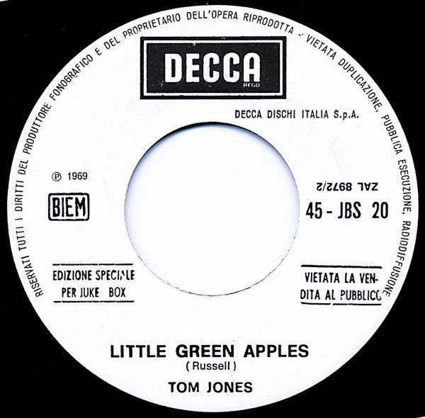 Tom Jones, Dominga - Little Green Apples / Ricordati Ragazzo (Nature Boy) - Vinile 45 giri Jukebox (1969) - copertina