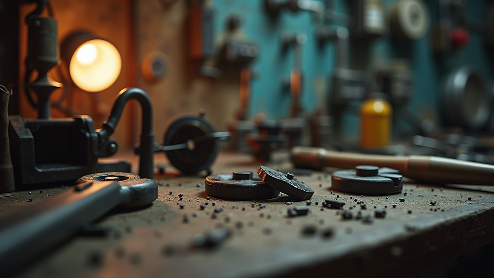 Eye-level view of a workbench with tools and jukebox parts