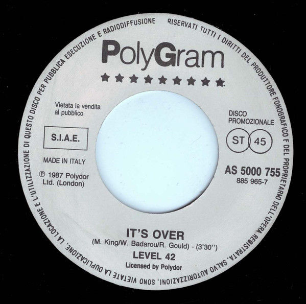 Zucchero Fornaciari, Level 42 - Pippo / It's Over - Vinile 45 giri Jukebox (1987) - foto 2