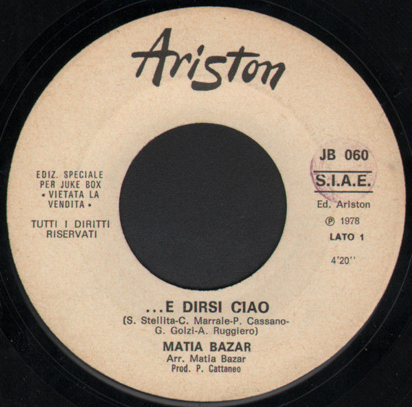 Matia Bazar, Roberto Carrino - ...E Dirsi Ciao / 'N'Addore 'E Castagne - Vinile 45 giri Jukebox (1978) - copertina