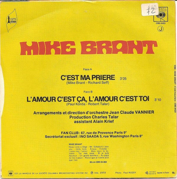 Mike Brant - C'est Ma Prière - Vinile 45 giri (1972) - foto 2