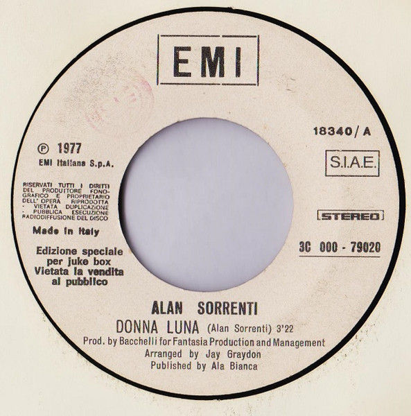 Alan Sorrenti, Fantasy - Donna Luna / Cantando - Vinile 45 giri Jukebox (1978) - copertina