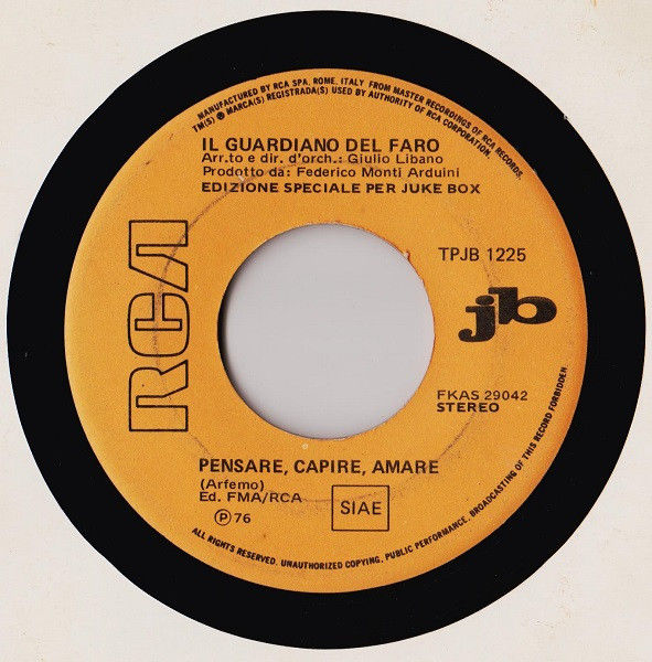 Il Guardiano Del Faro, Mia Martini - Pensare, Capire, Amare / Che Vuoi Che Sia... - Vinile 45 giri Jukebox (1976) - copertina