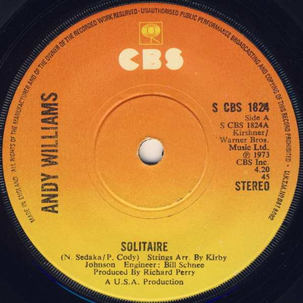 Solitaire [Andy Williams] - Vinyl 7", 45 RPM, Single, Stereo