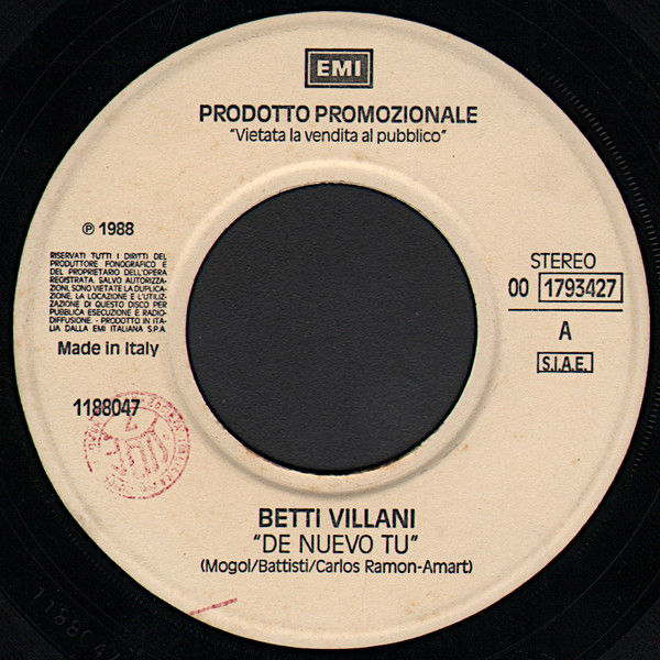 Betti Villani, Climie/Fisher - De Nuevo Tu / Love Changes (Everything) - Vinile 45 giri Jukebox (1988) - copertina