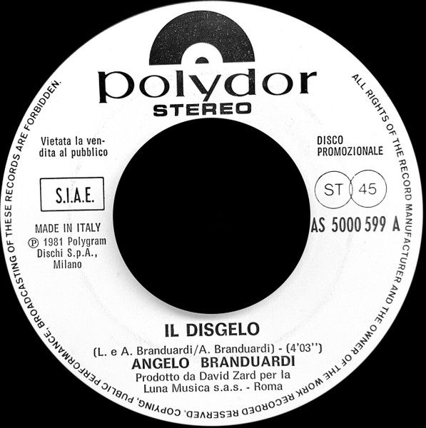 Angelo Branduardi, Kiss - Il Disgelo / I - Vinile 45 giri Jukebox (1981) - copertina