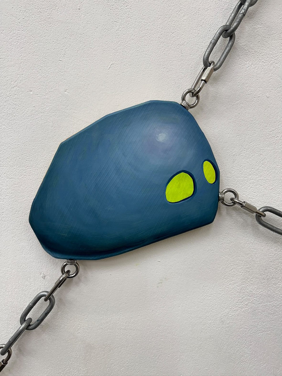 Gemma Holzer detail from ‘Disconnection, Averted Gazes’ 2025, Oil and acrylic on wood, stainless steel, hardware, 240 x 200 cm