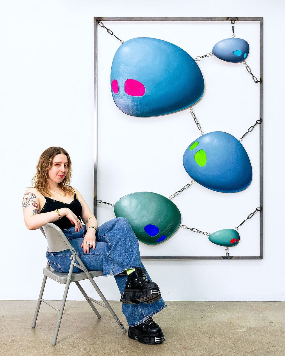 Picture of the artist with 'Weight / Tension / Restriction', 2024-25, Oil and acrylic on wood, mild steel, hardware, 200 x 140 cm