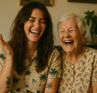 Woman and young care worker laughing
