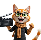 animated-cat-holding-clapperboard-smiling-expressively-wearing-glasses-scarf-cheerful-cart