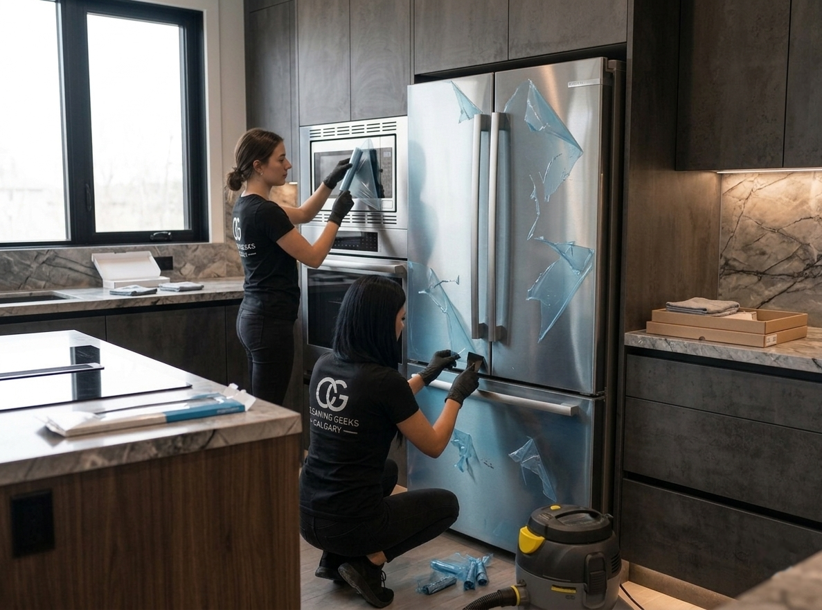 Post-renovation cleaning service in Calgary removing construction dust, debris, and residue from modern luxury kitchen spaces and newly finished interiors.