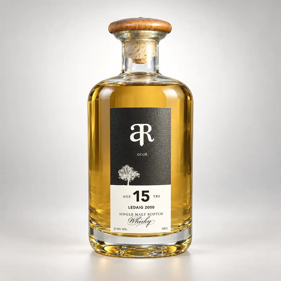 Whiskyflaska med gyllene vätska, svart etikett: 15 år, Ledaig 2000, single malt scotch whisky, mot vit bakgrund.