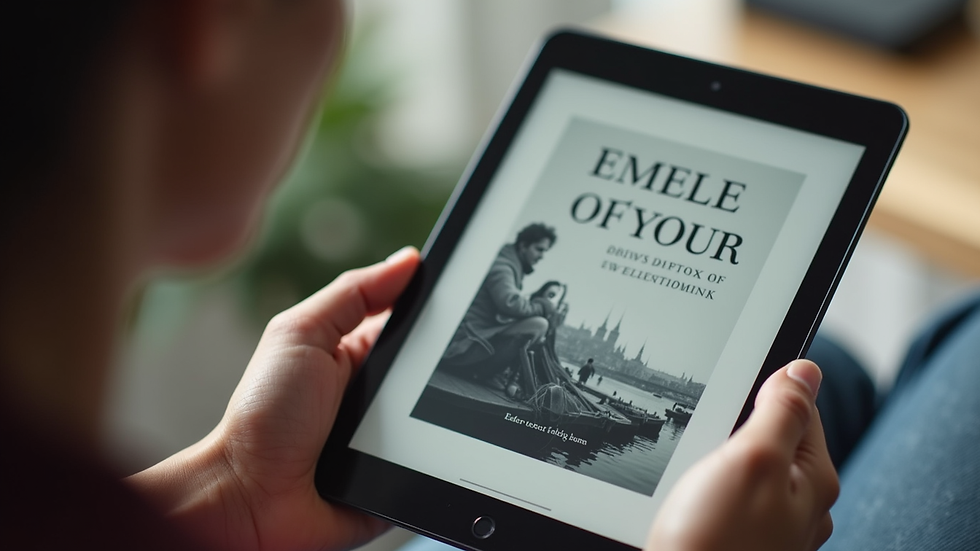 Close-up view of a digital tablet displaying an e-book cover