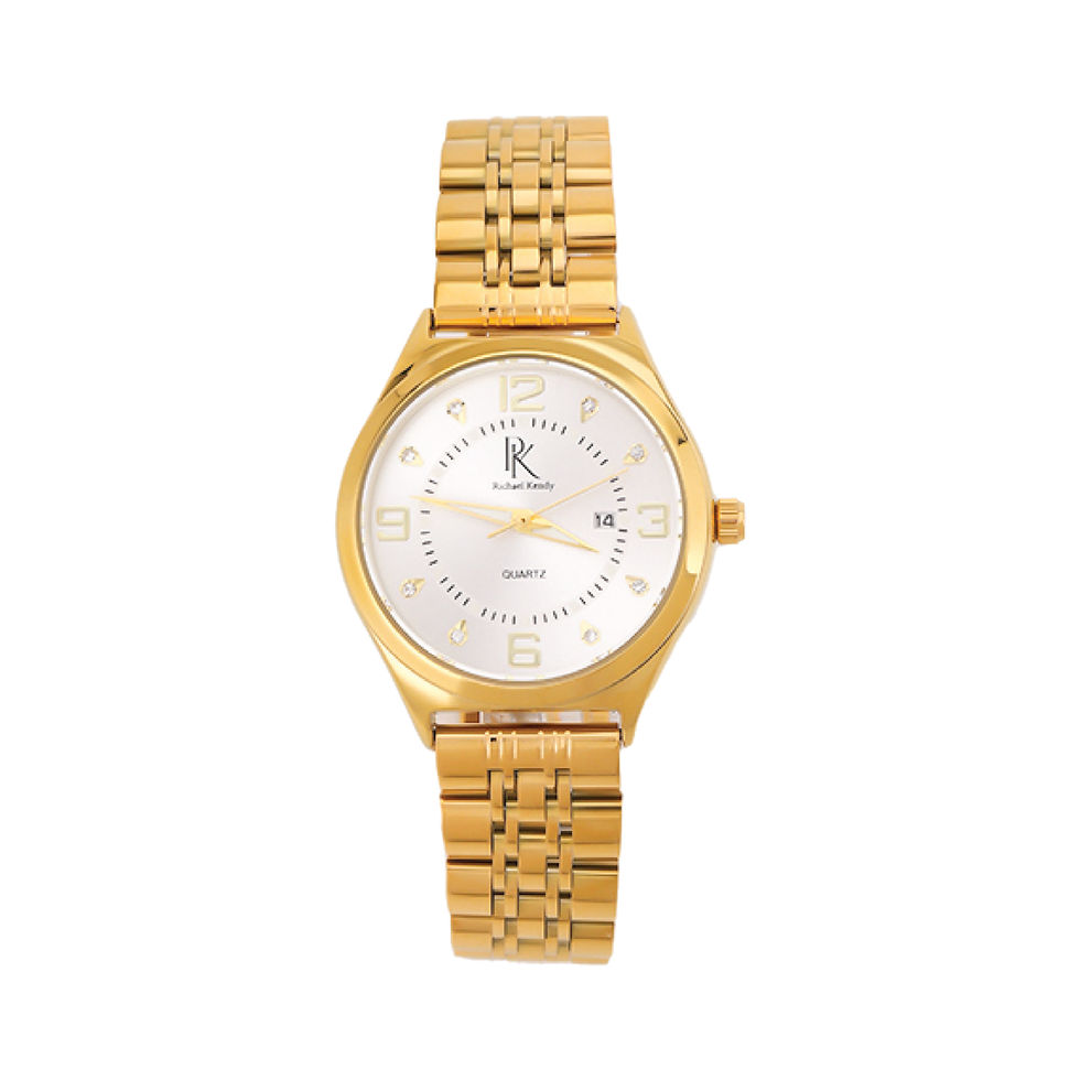 Gold wristwatch with white dial and numbers featuring 