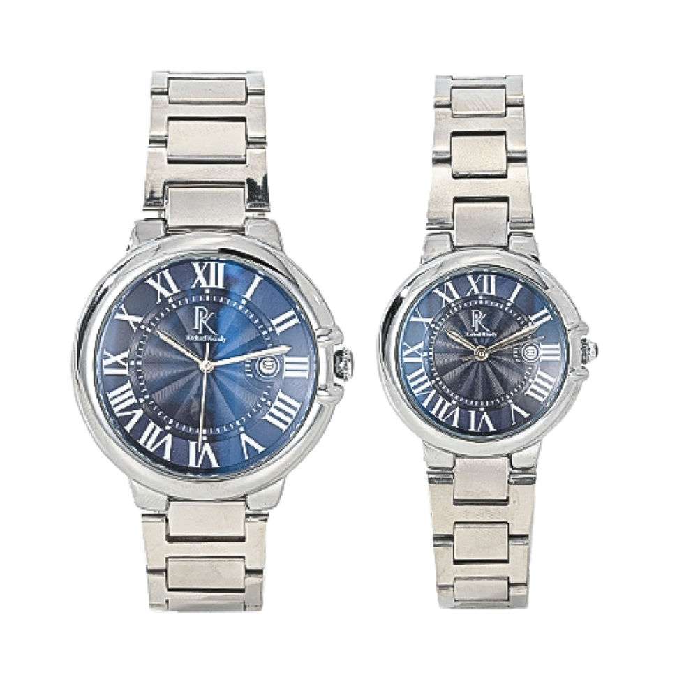 Two elegant silver watches with blue dials, Roman numerals, and the letter R.