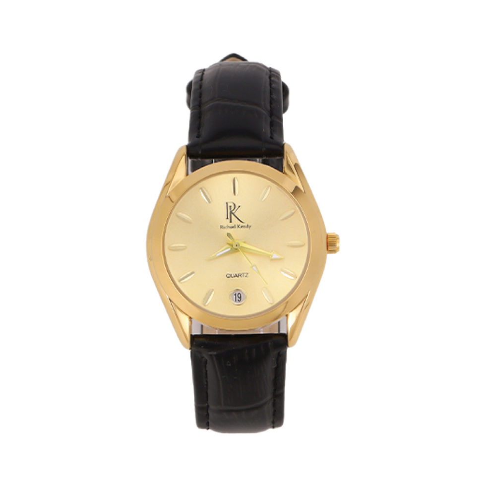 Brand watch with gold face and black leather strap Richaelkendy 8901L detailed view.