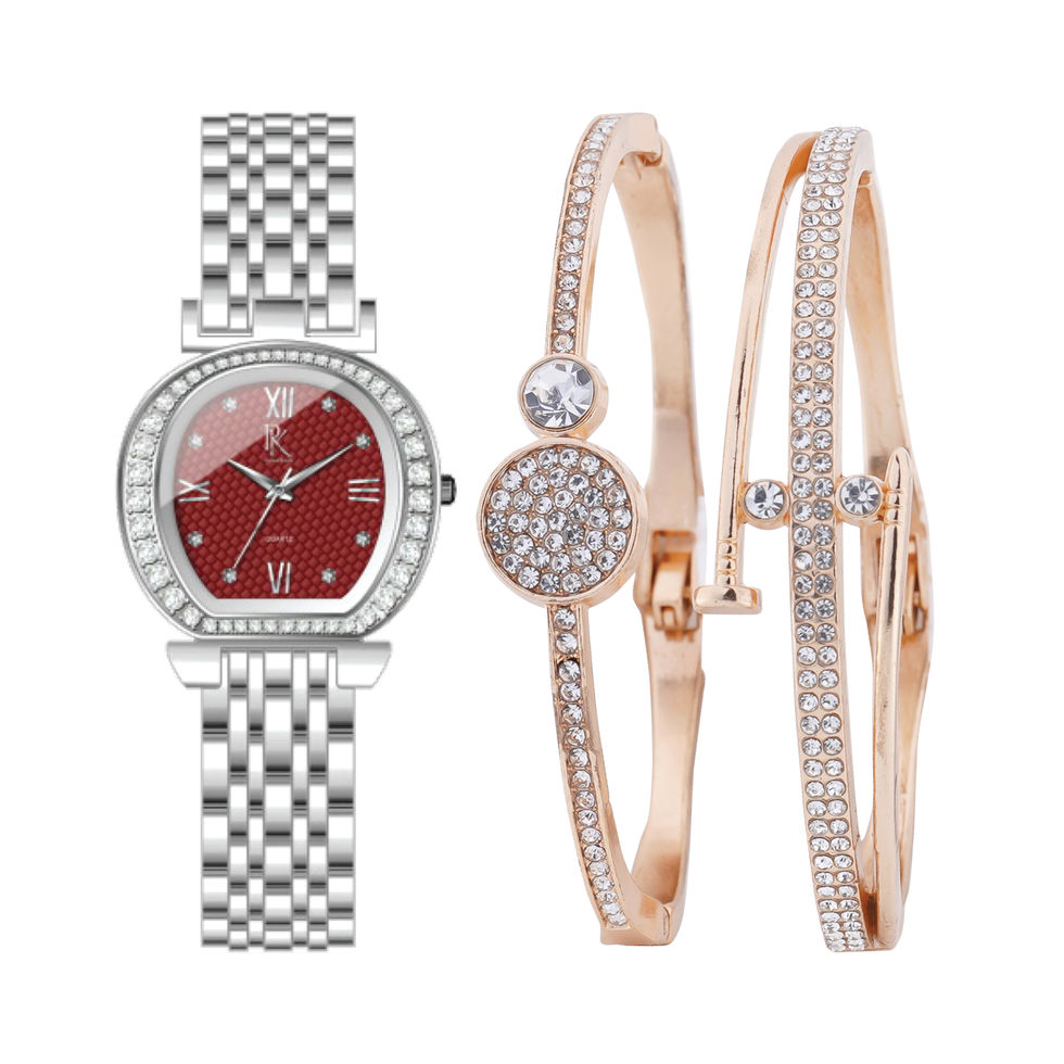 Elegant watch and bracelets set. Red dial, silver and gold, sparkling stones. Richaelkendy