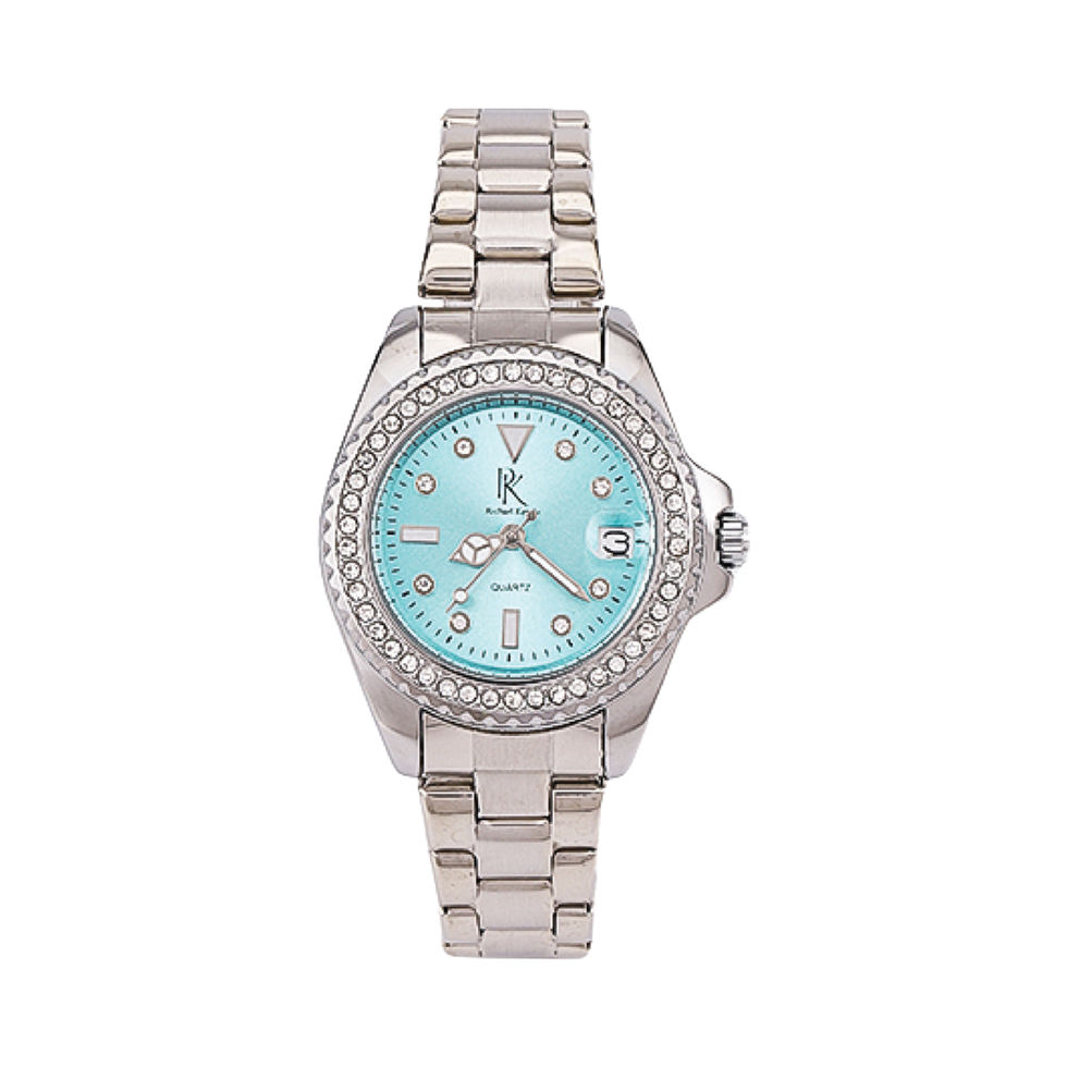 Silver wristwatch with blue face, diamond bezel, and 