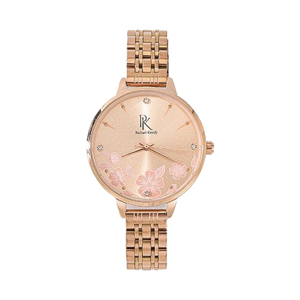 Rose gold watch with floral design and Richaelkendy brand name. 8907L