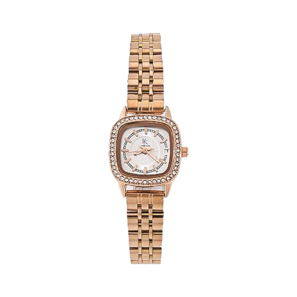 Rose gold square watch with crystals, metallic band, and white face.