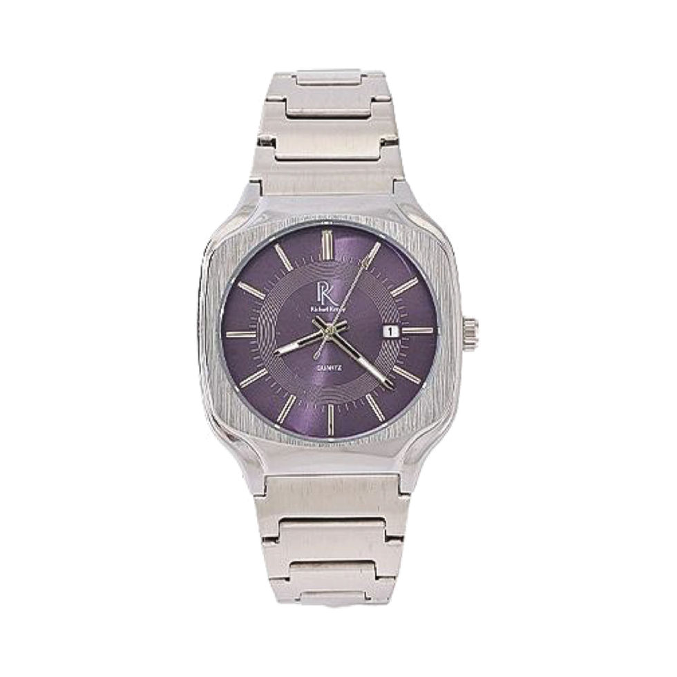 Silver wrist watch with a purple face; Quartz 8901L for style and time.
