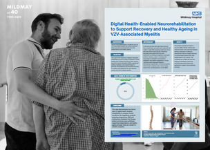 A physio helps a patient to walk, overlaid by a graphic of the poster