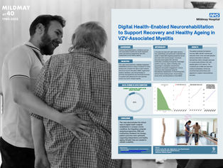 A physio helps a patient to walk, overlaid by a graphic of the poster