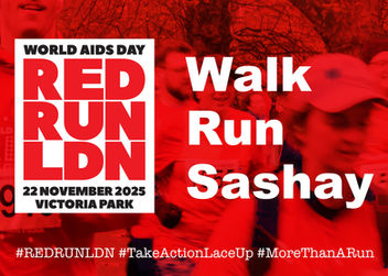 Poster for red run, mainly red, with the event details and the slogan 'walk, run, sashay