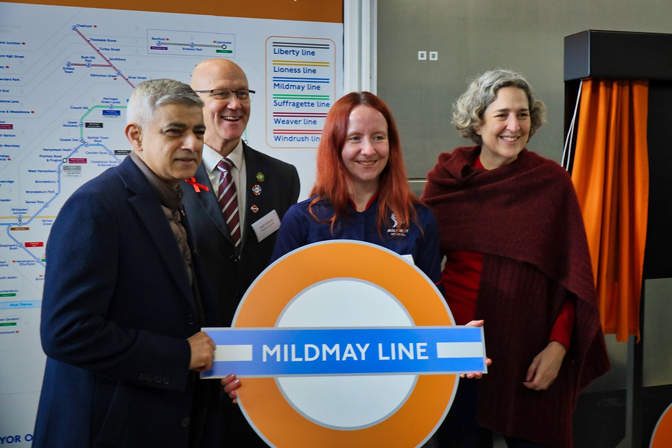 Sadiq Khan with Mildmay's CEO Geoff Coleman and Matron, Teri Milewska pose with the Mildmay line roundel