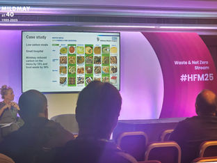 A seminar room with a PowerPoint slide on screen featuring Mildmay's patient menu