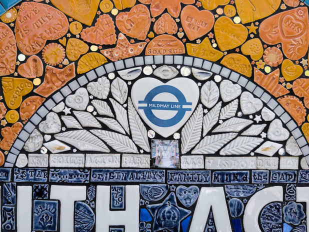 A close up of the mosaics that comprise the newly unveiled roundel at South Acton Station.