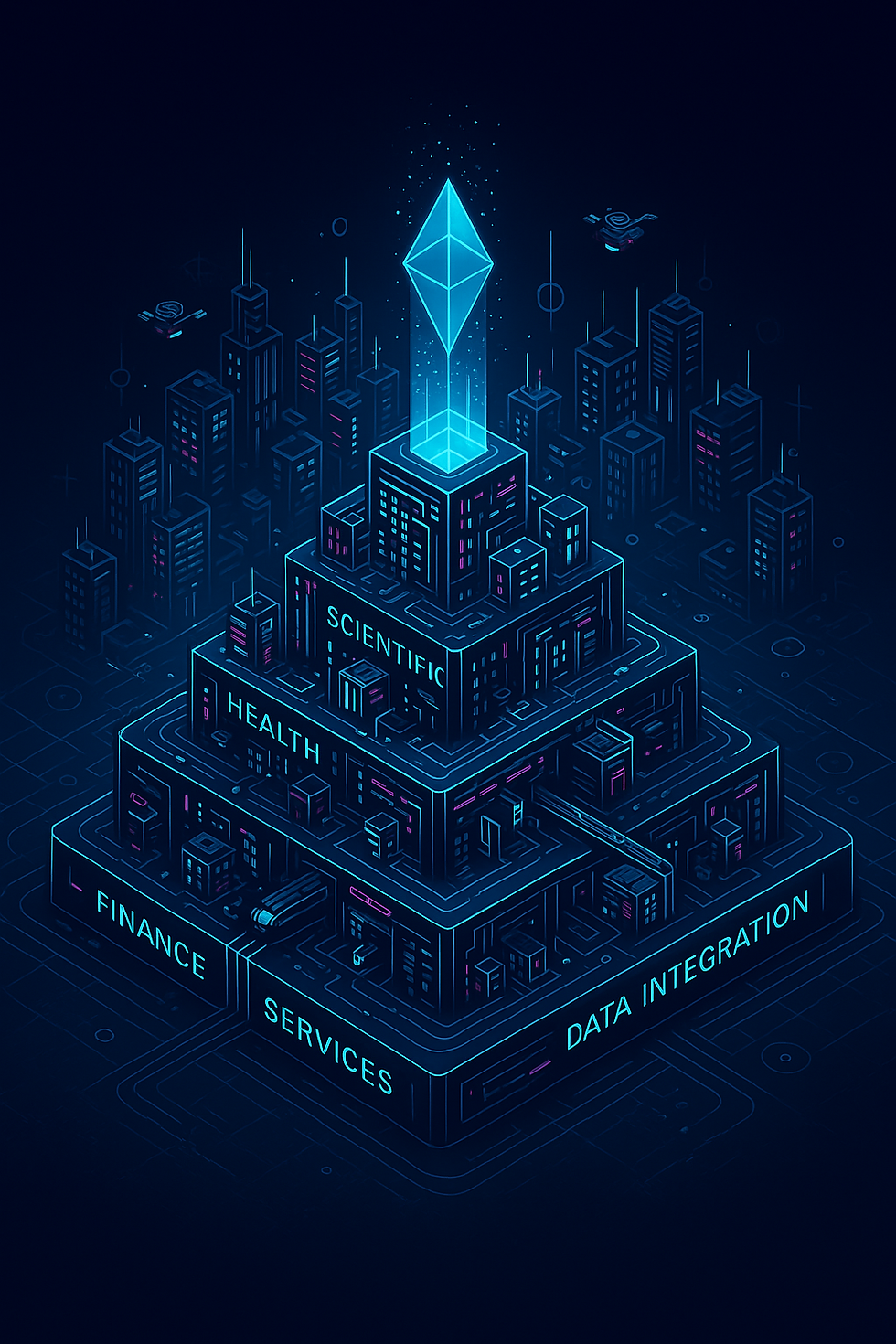 Pyramid with text: Finance, Health, Science, Services, Data Integration. Technology background.