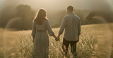 Couple holding hands in a field, enjoying a beautiful sunset. Couples in nature.