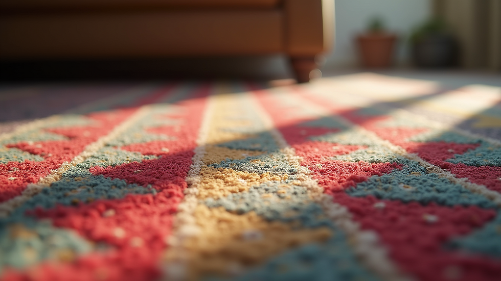 Eye-level view of a colorful geometric patterned rug