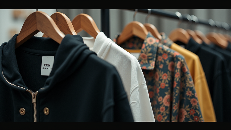 Eye-level view of a clothing rack featuring urban streetwear and tattoo-inspired designs