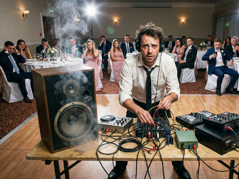 Mise en scène d'un DJ en difficulté face à une piste de danse vide, illustrant l'échec d'une prestation de mariage low-cost et l'impact d'un matériel inadapté sur l'ambiance d'une soirée de prestige