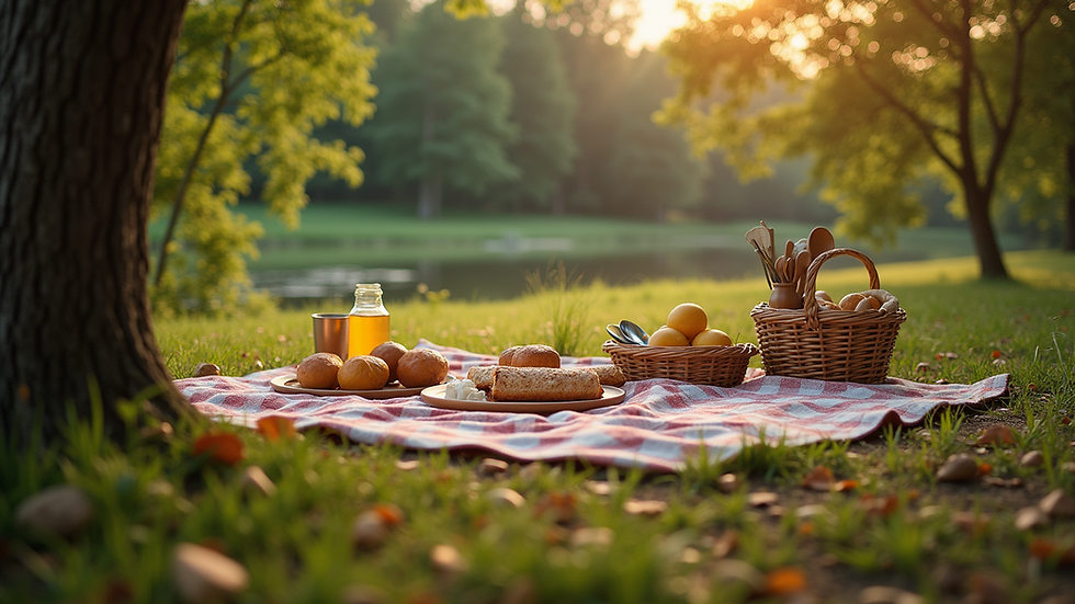 High angle view of a serene picnic setup surrounded by nature