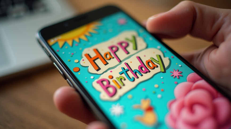 Close-up view of a colorful birthday card on a smartphone screen